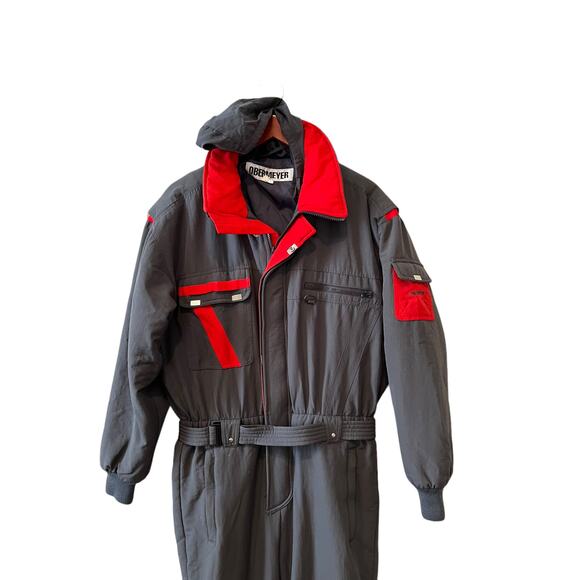 Vintage 80s Obermeyer One Piece Snow Suit Ski Suit Gray & Red L - Picture 1 of 14